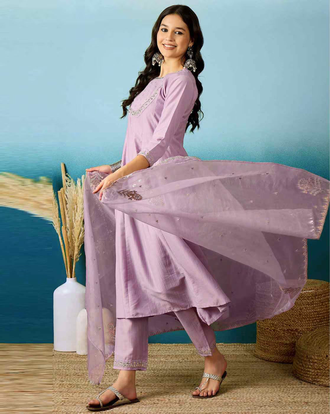 Lavender Bitaliyan Zari Sequence Gota Work Embroidered A Line Kurta With Pant and Dupatta