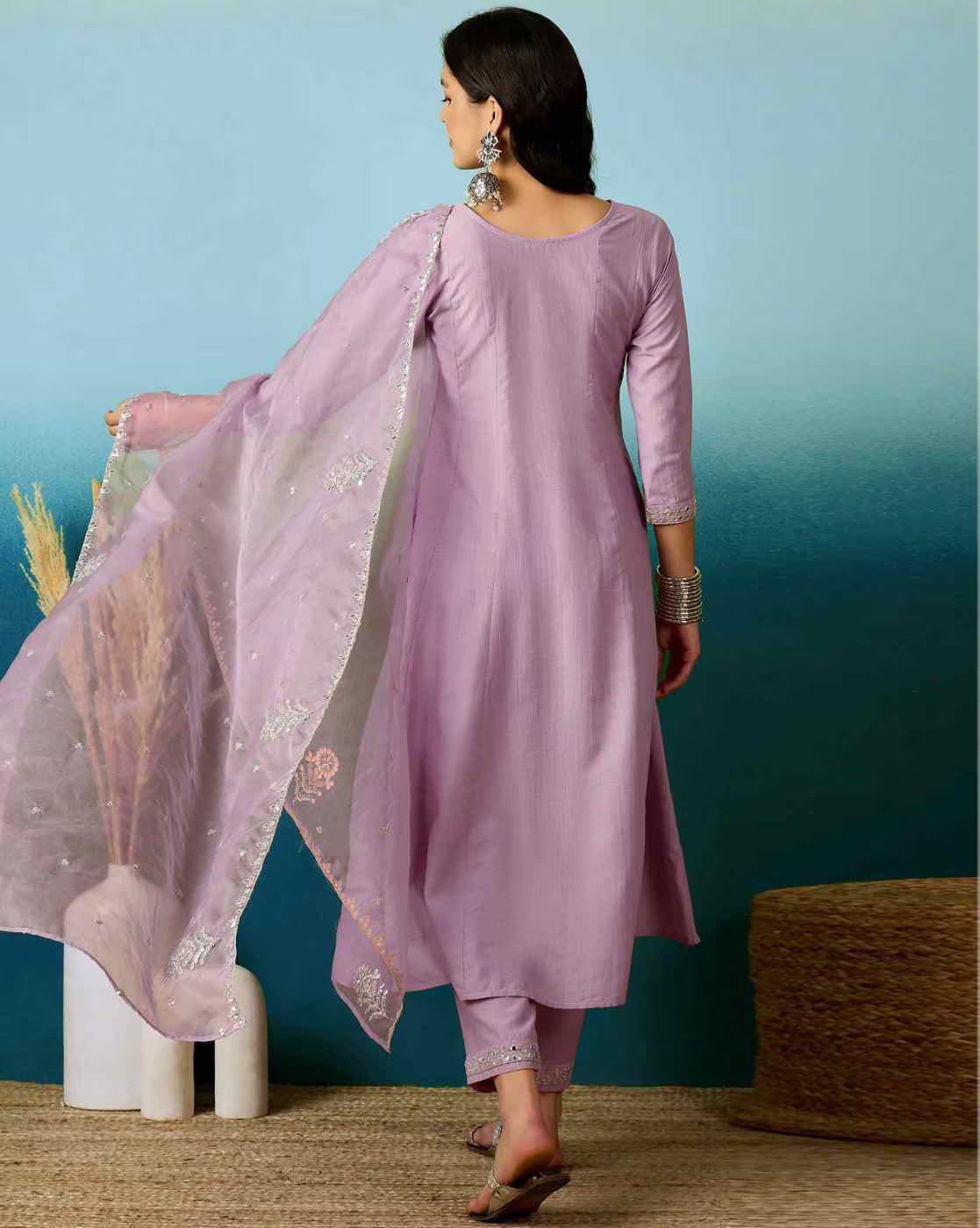 Lavender Bitaliyan Zari Sequence Gota Work Embroidered A Line Kurta With Pant and Dupatta