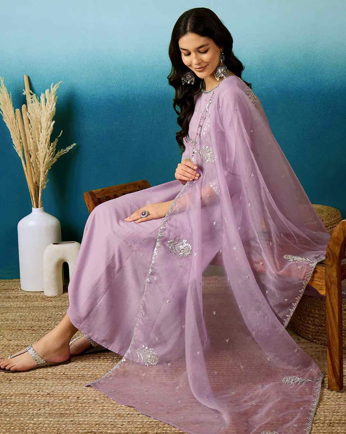 Lavender Bitaliyan Zari Sequence Gota Work Embroidered A Line Kurta With Pant and Dupatta