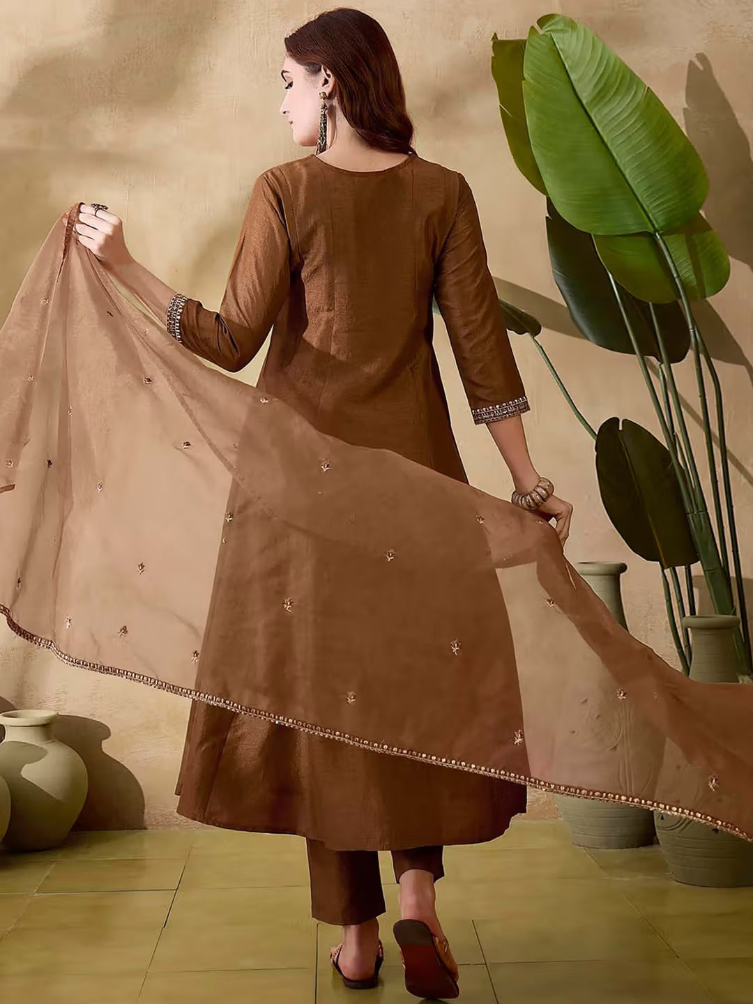 Brown Embroidered Kurta With Bottom & Dupatta