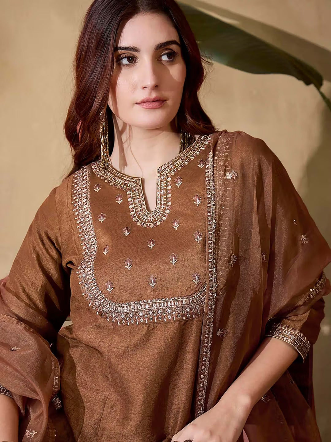 Brown Embroidered Kurta With Bottom & Dupatta