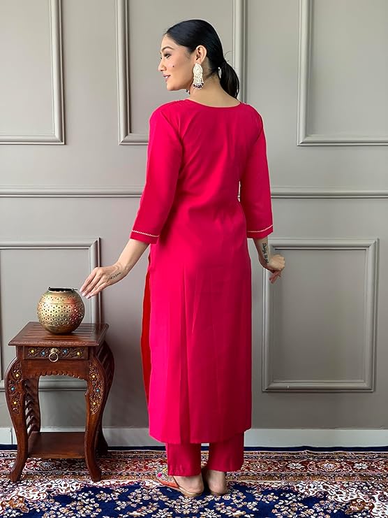 Rani Pink Embroidered Viscose Kurta Set With Dupatta