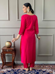 Rani Pink Embroidered Viscose Kurta Set With Dupatta