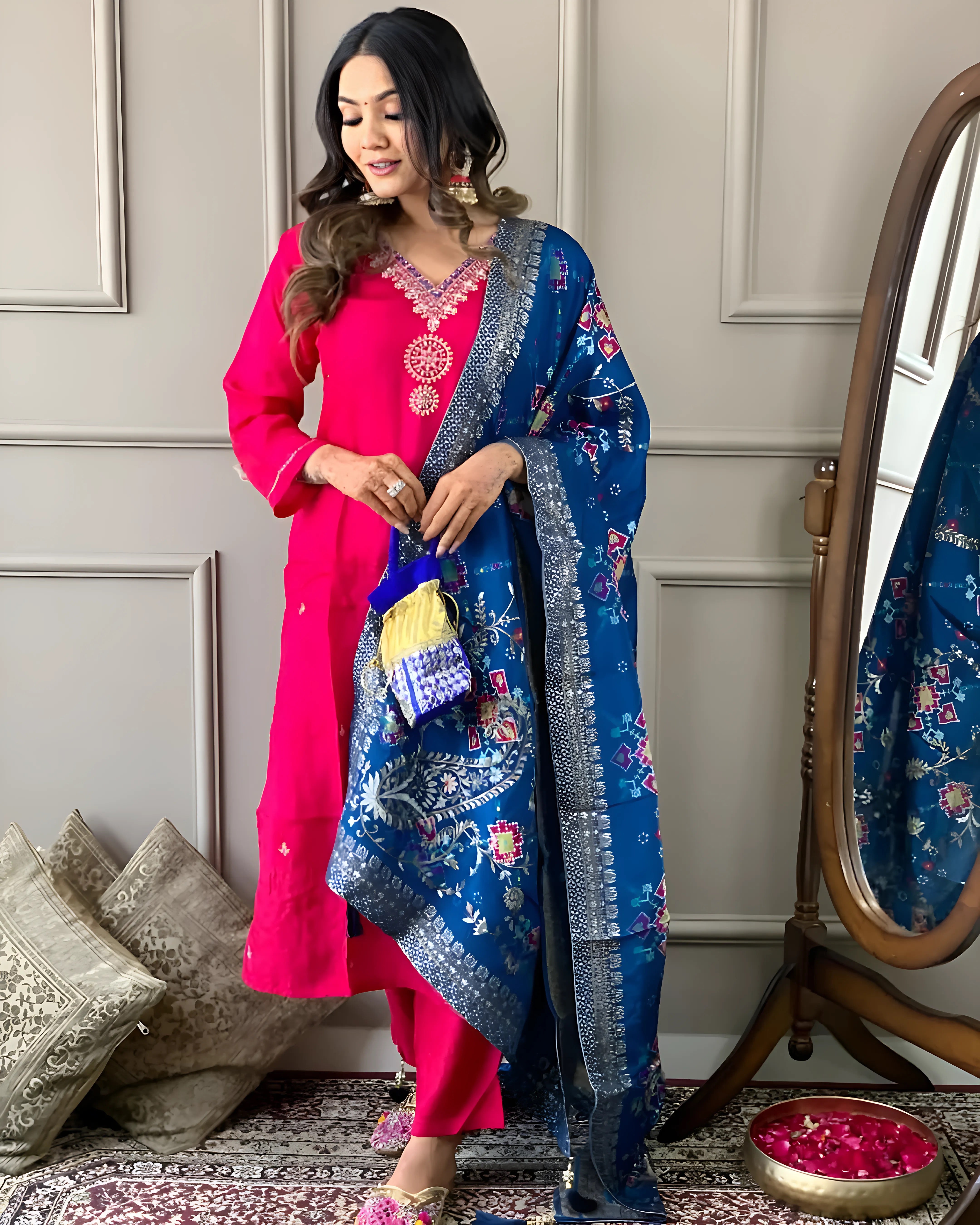 Rani Pink Embroidered Viscose Kurta Set With Dupatta