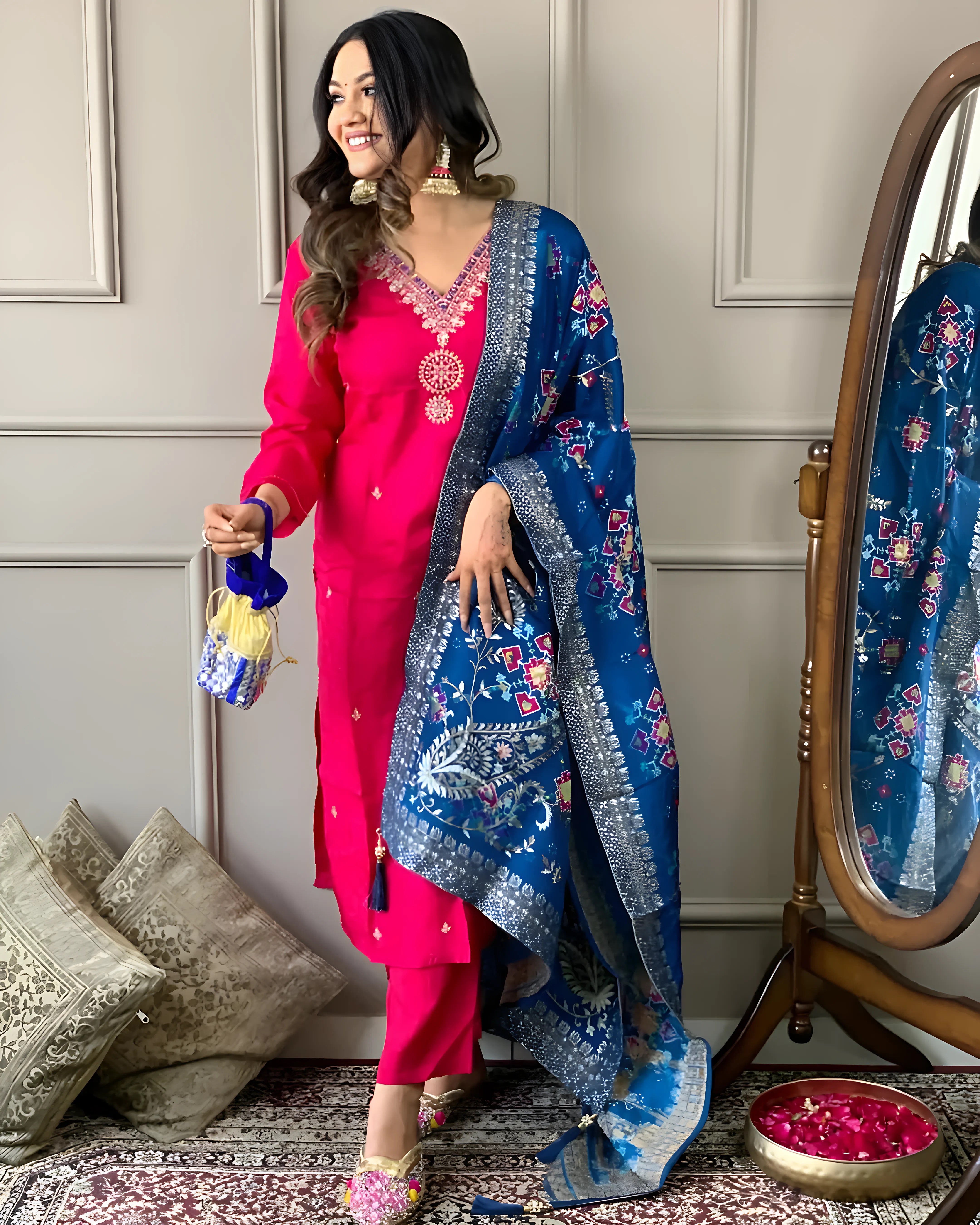 Rani Pink Embroidered Viscose Kurta Set With Dupatta