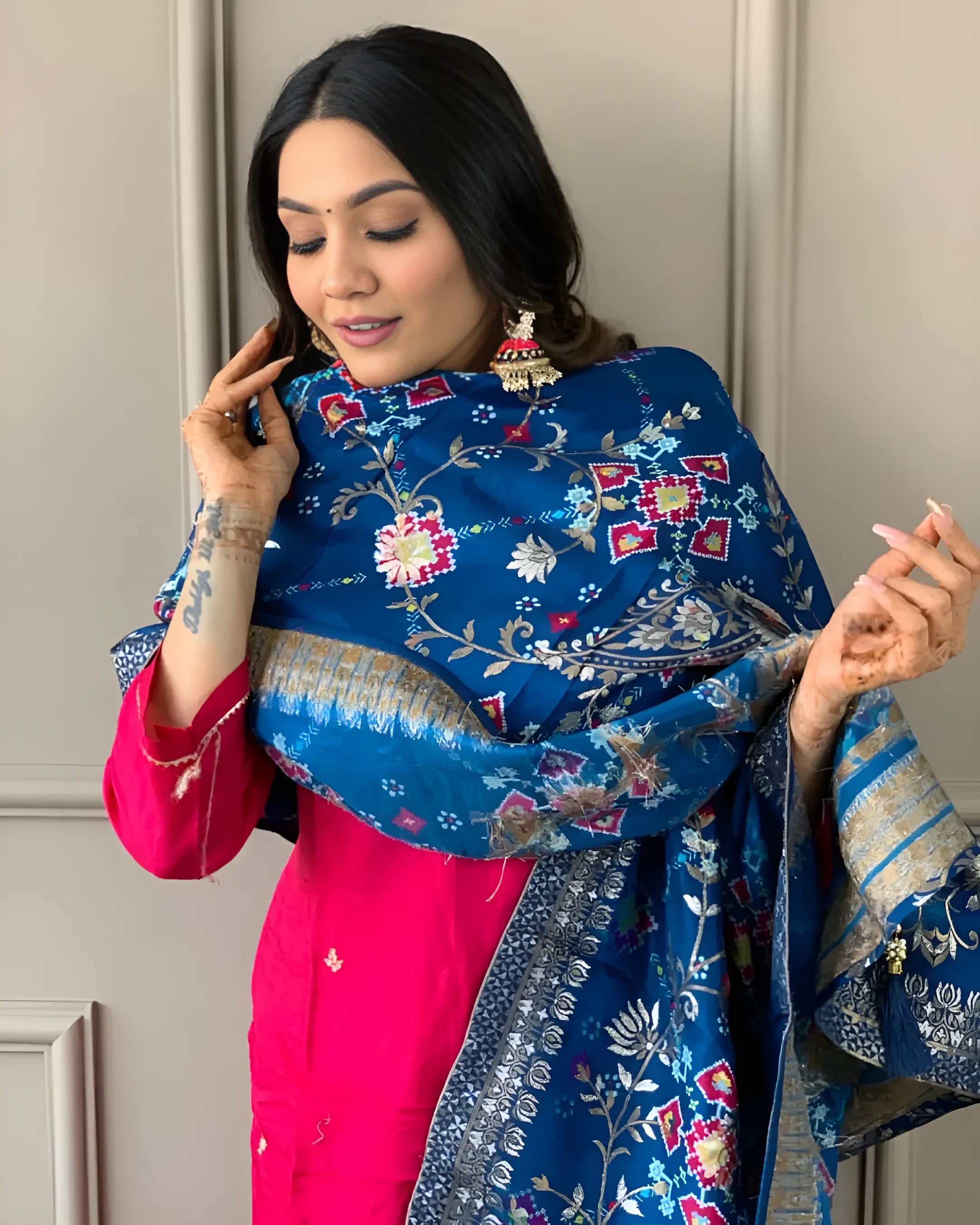 Rani Pink Embroidered Viscose Kurta Set With Dupatta