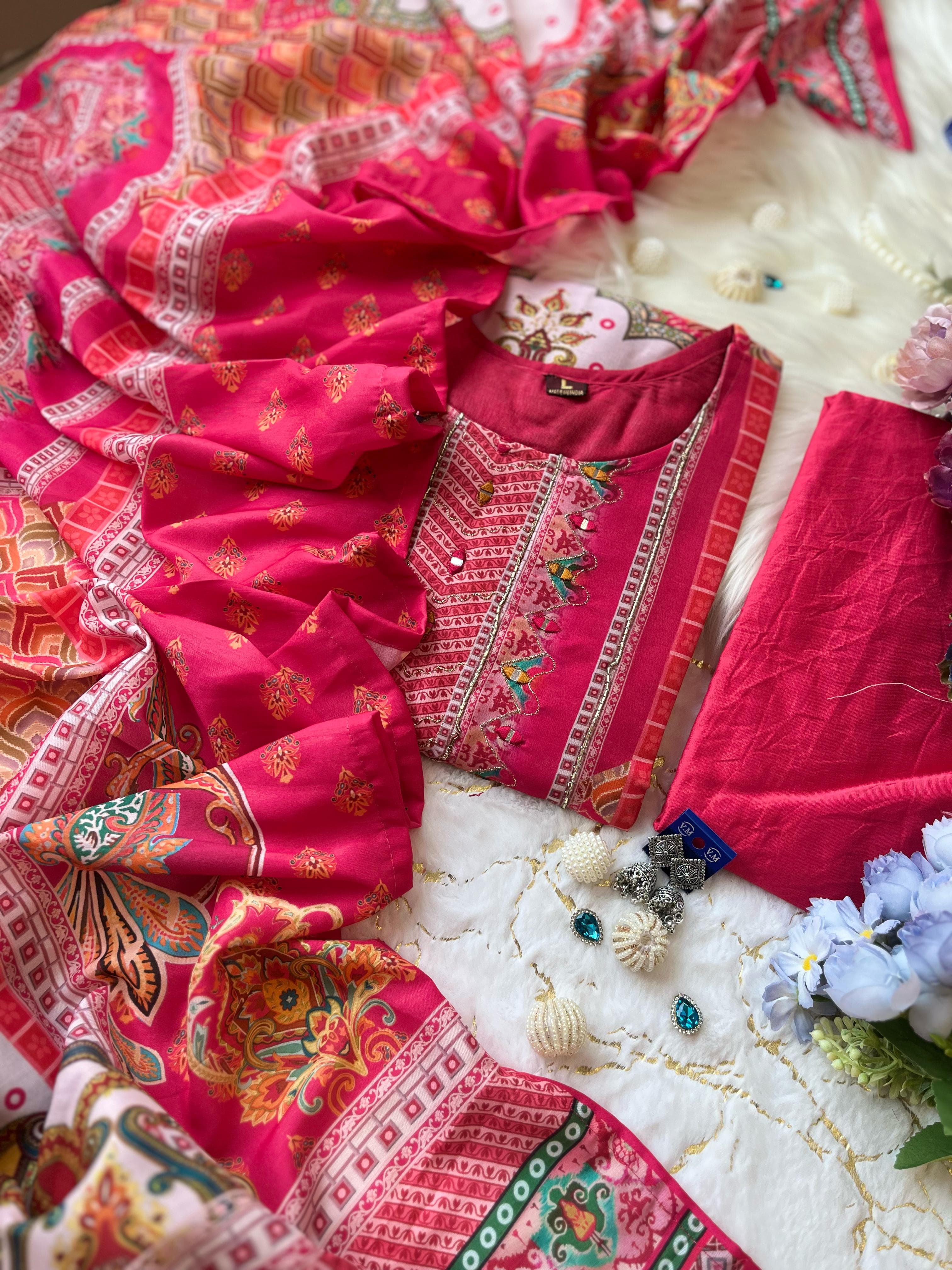 "Elegant Traditional Printed Lawn Suit with Matching Dupatta"