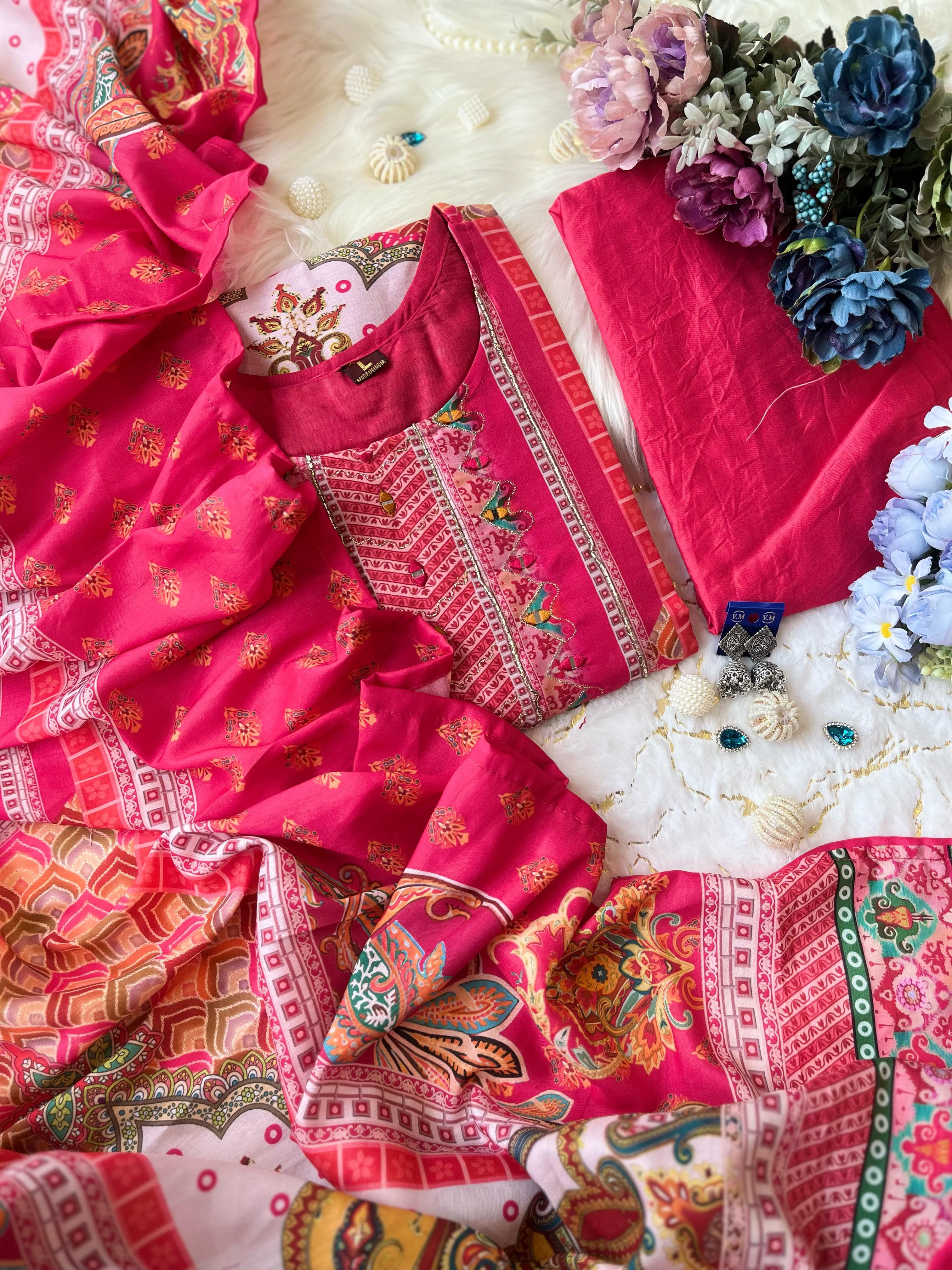 "Elegant Traditional Printed Lawn Suit with Matching Dupatta"