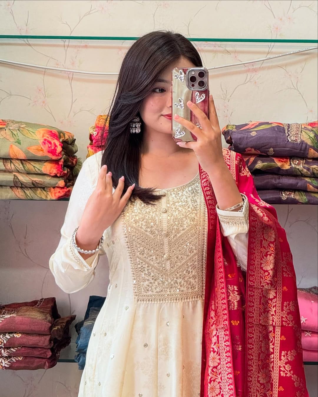 Traditional Cream Embellished Kurta Set with Rich Red Dupatta