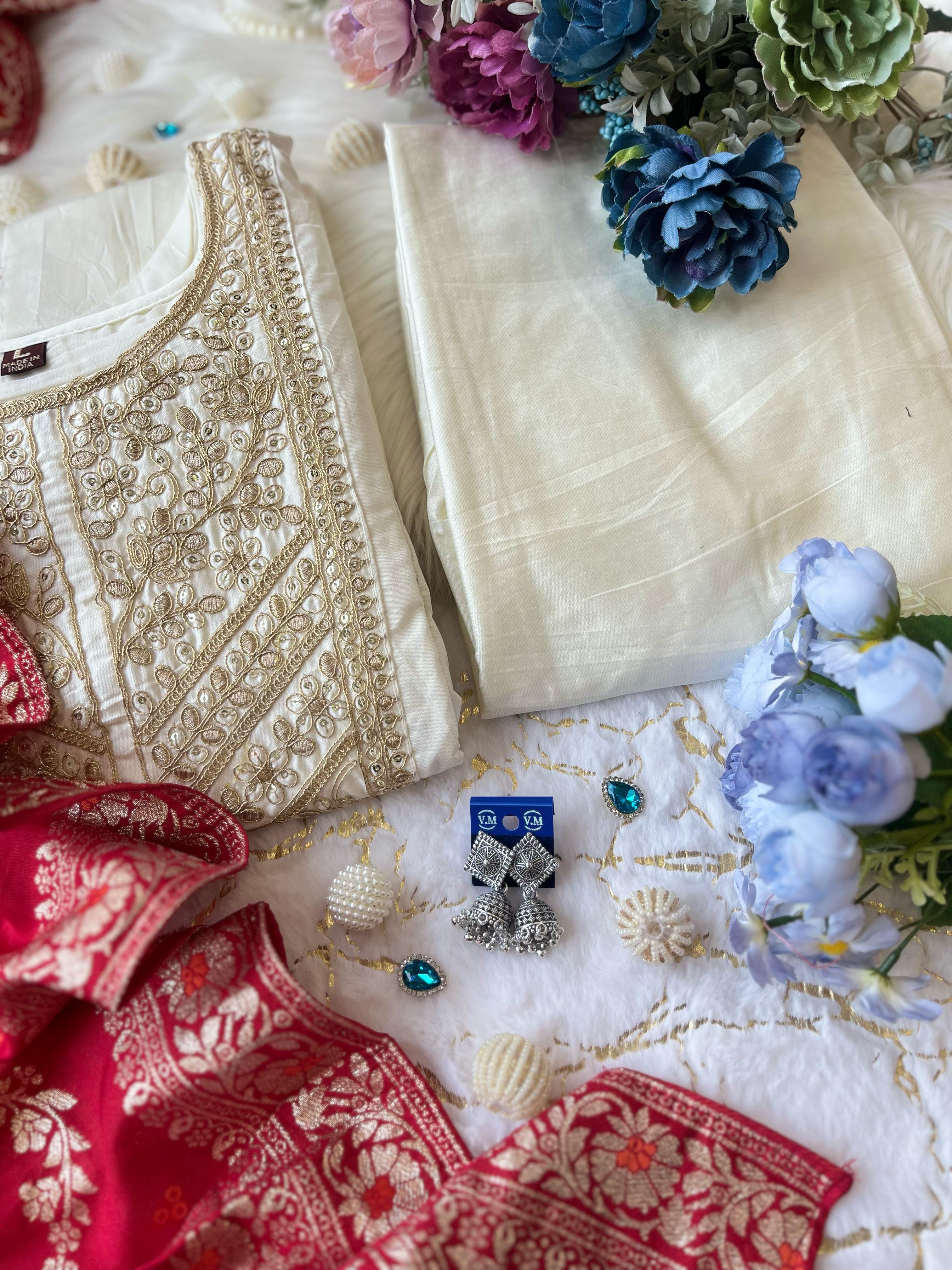 Traditional Cream Embellished Kurta Set with Rich Red Dupatta