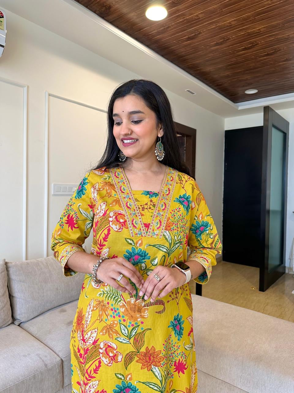 Bright Yellow Ethnic Wear with Floral Motifs
