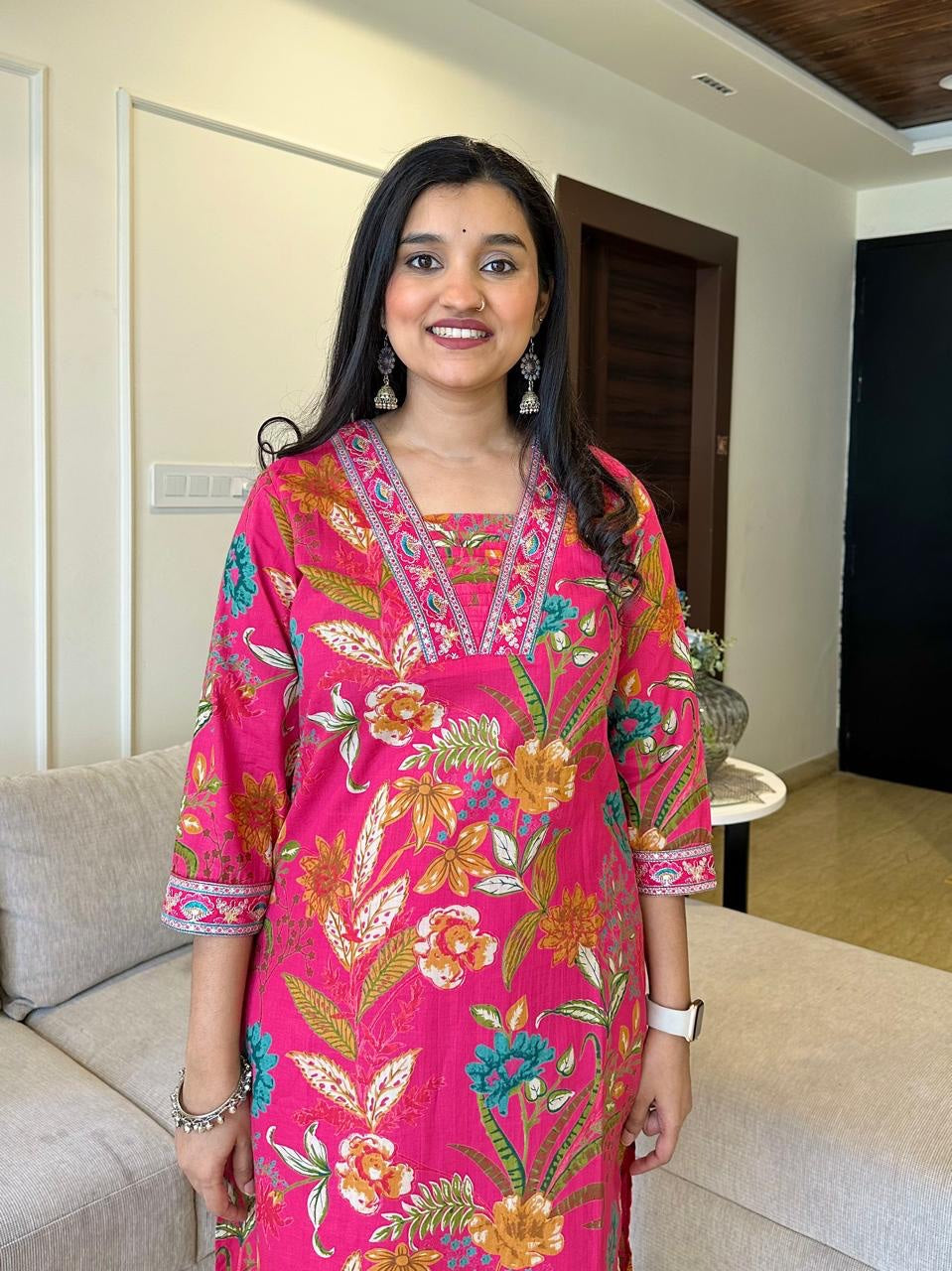Vibrant Pink Ethnic Wear with Floral Motifs