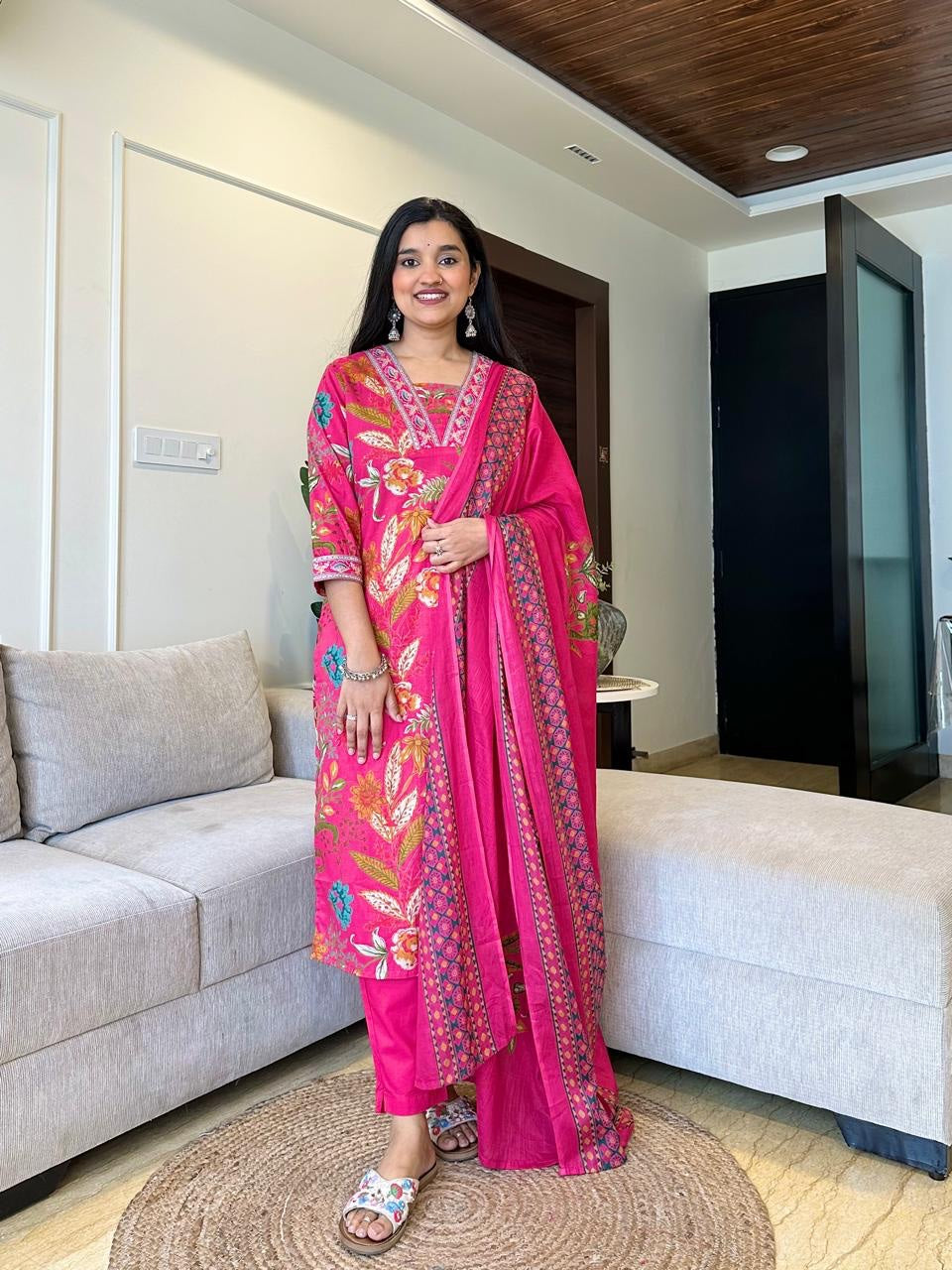 Vibrant Pink Ethnic Wear with Floral Motifs