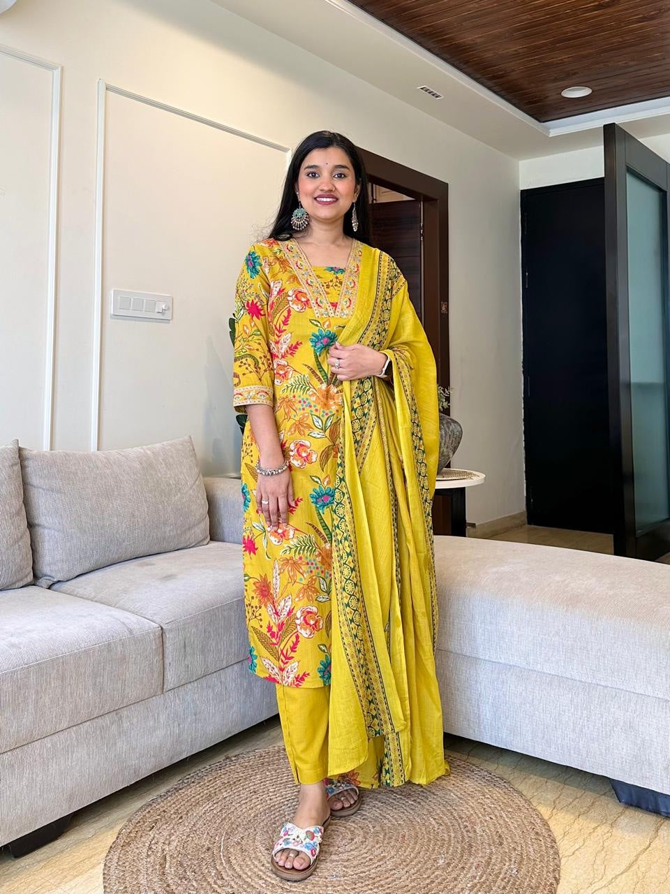 Bright Yellow Ethnic Wear with Floral Motifs