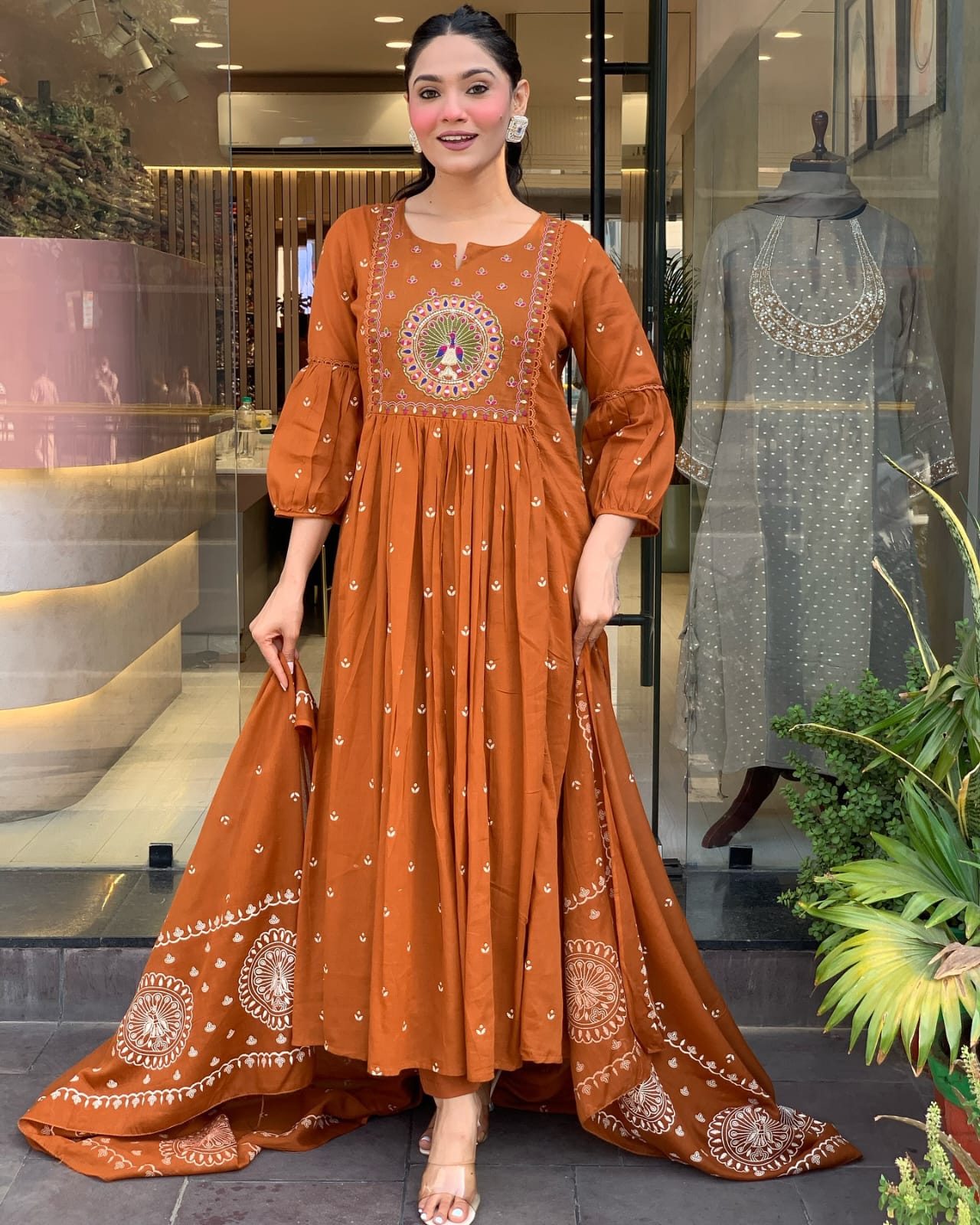 Traditional Rust Orange Long Anarkali with Intricate Embroidery