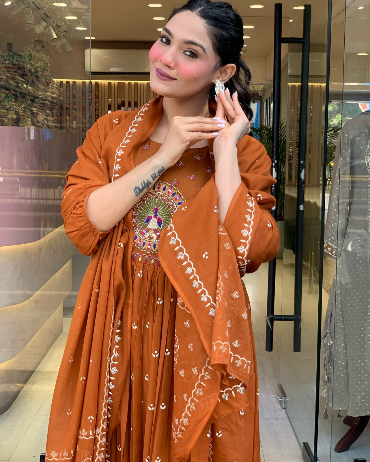 Traditional Rust Orange Long Anarkali with Intricate Embroidery