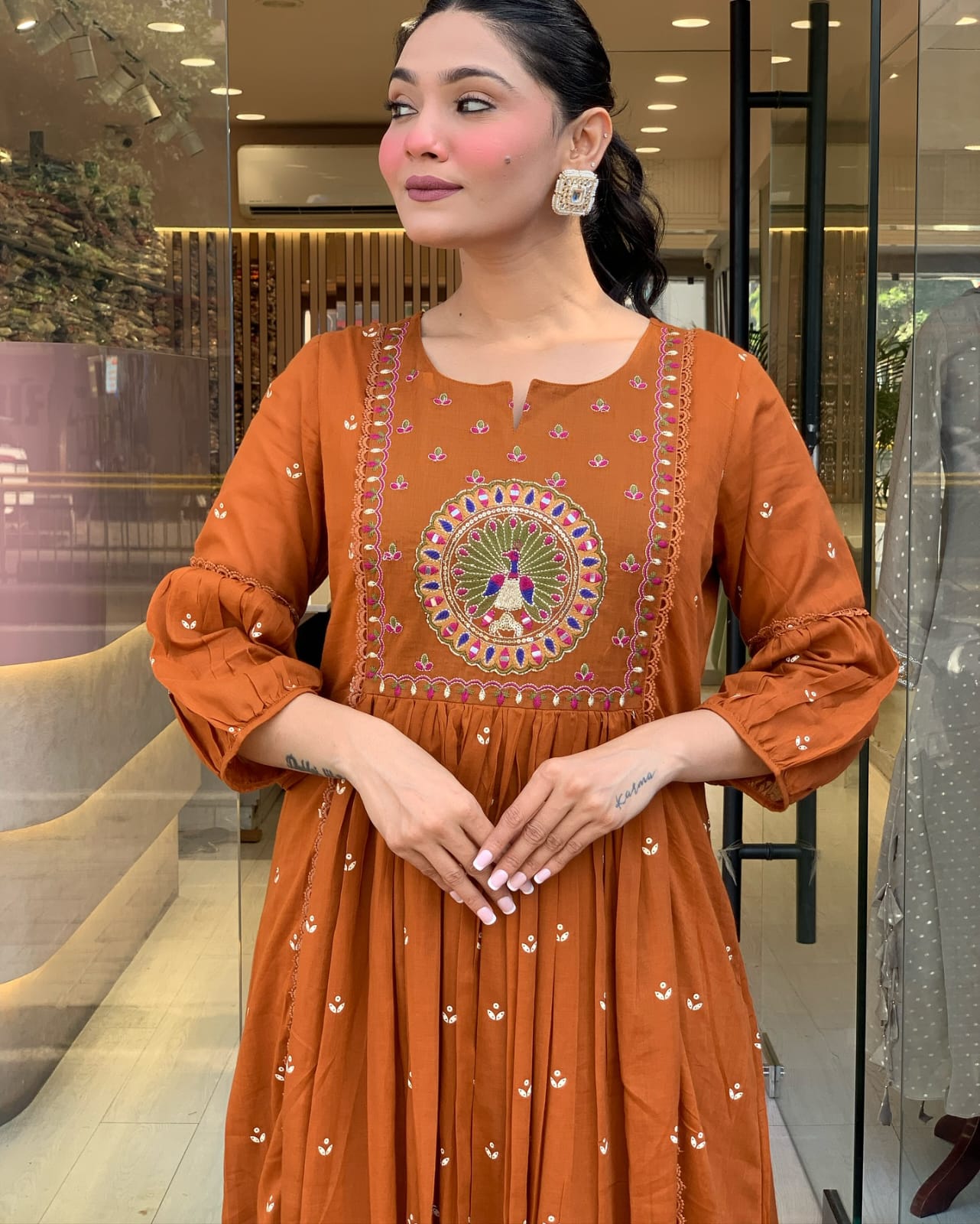 Traditional Rust Orange Long Anarkali with Intricate Embroidery