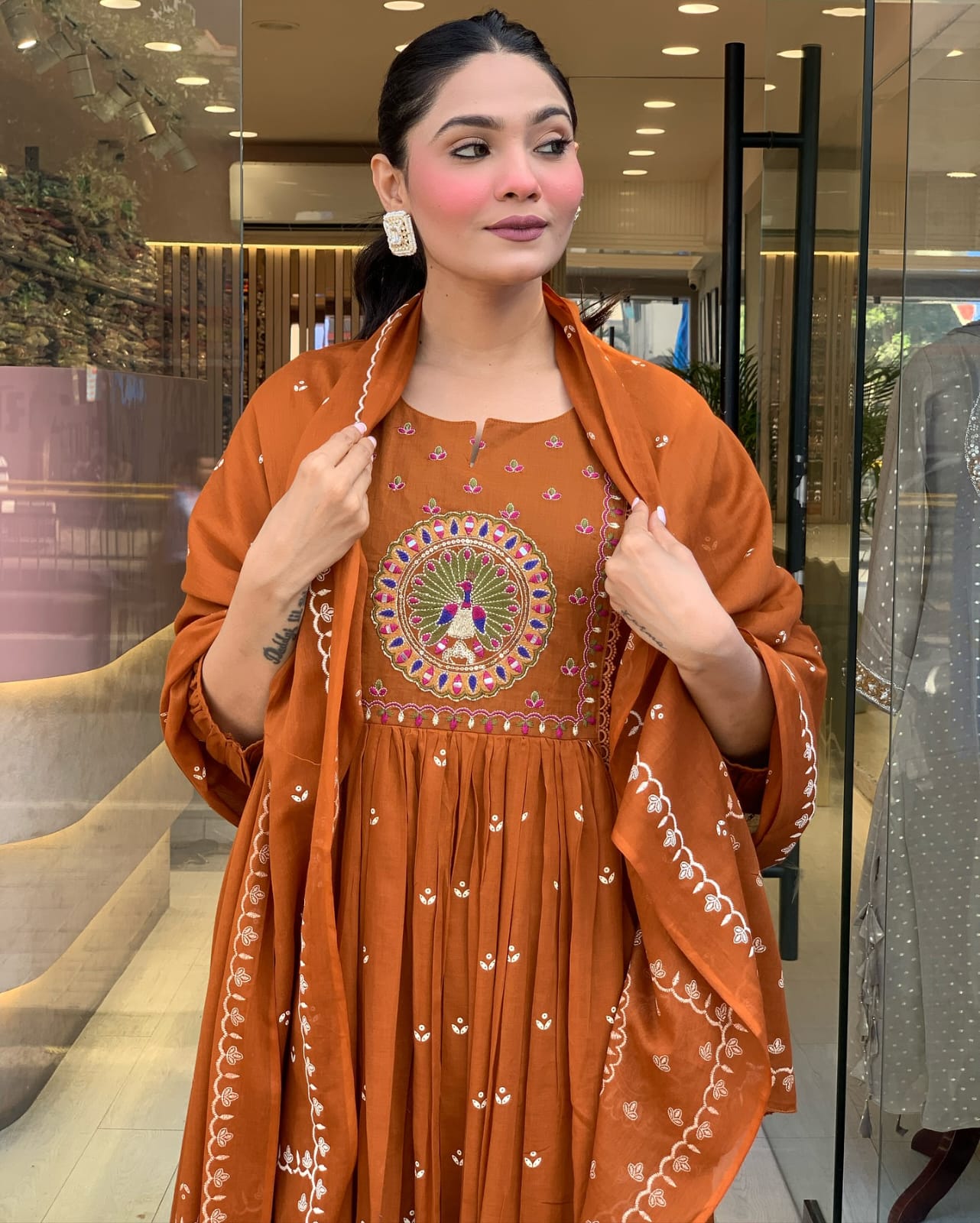 Traditional Rust Orange Long Anarkali with Intricate Embroidery