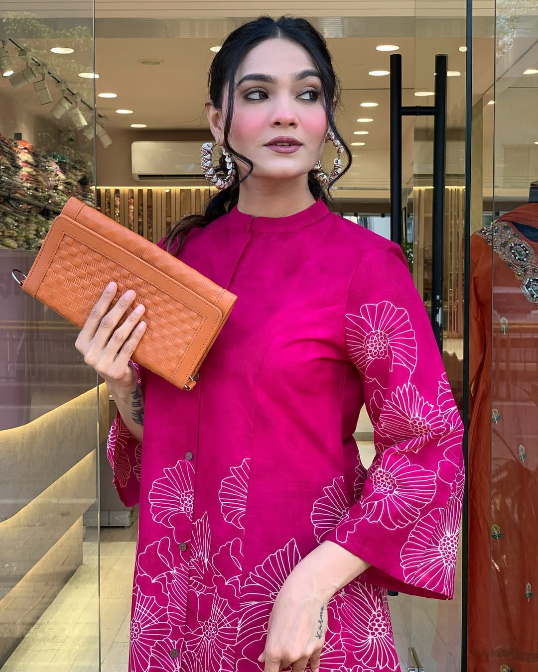 "Magenta Floral Handblock Print Kurta with Flared Sleeves"