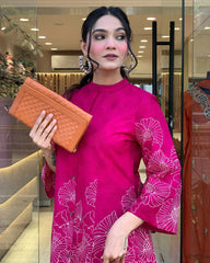 "Magenta Floral Handblock Print Kurta with Flared Sleeves"