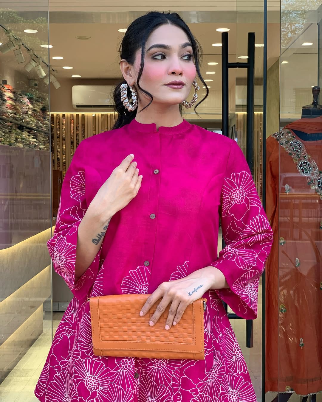 "Magenta Floral Handblock Print Kurta with Flared Sleeves"