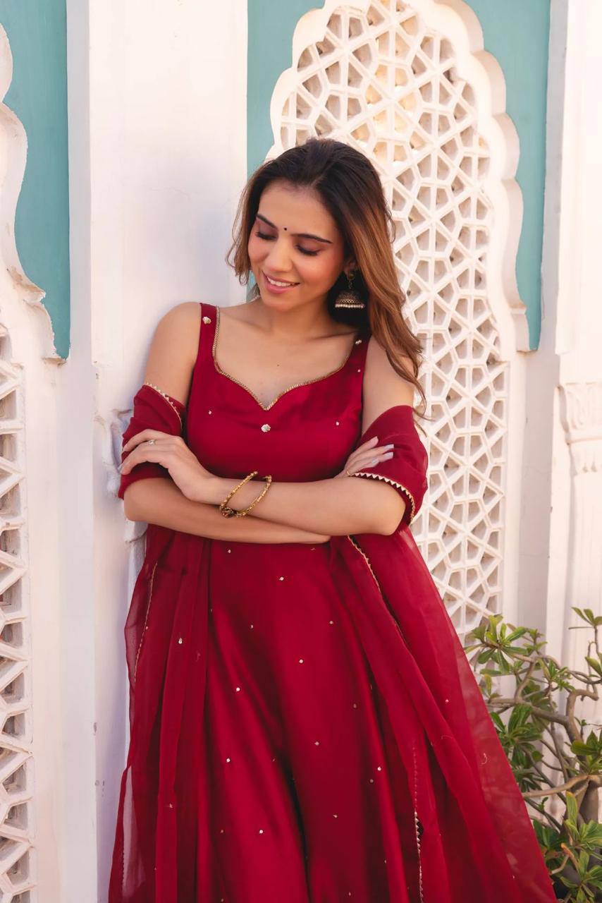 "Graceful Maroon Flared Anarkali with Dupatta – Festive Wear"