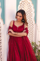 "Graceful Maroon Flared Anarkali with Dupatta – Festive Wear"