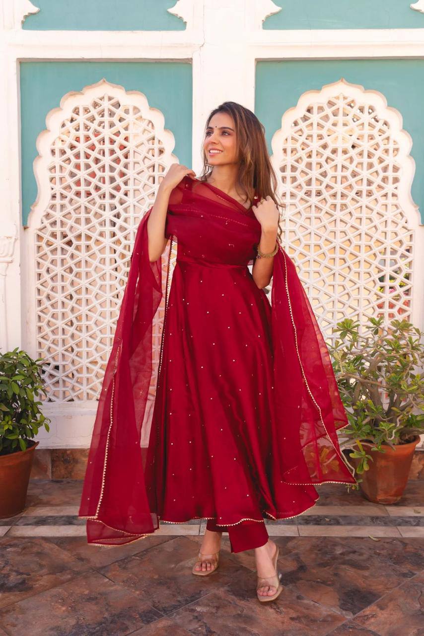 "Graceful Maroon Flared Anarkali with Dupatta – Festive Wear"