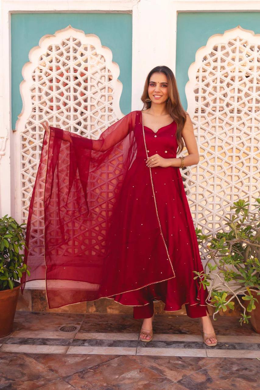 "Graceful Maroon Flared Anarkali with Dupatta – Festive Wear"