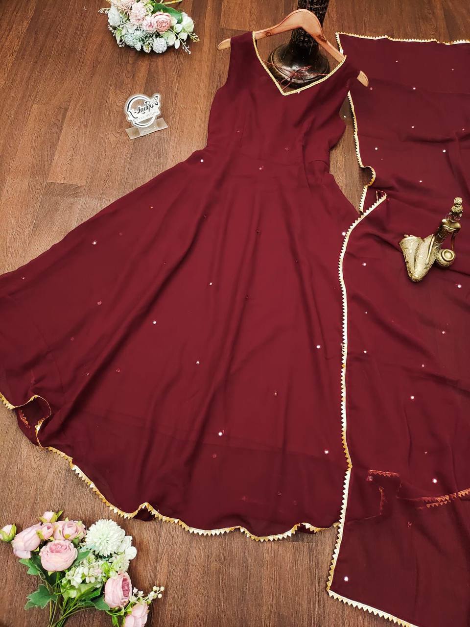 "Graceful Maroon Flared Anarkali with Dupatta – Festive Wear"