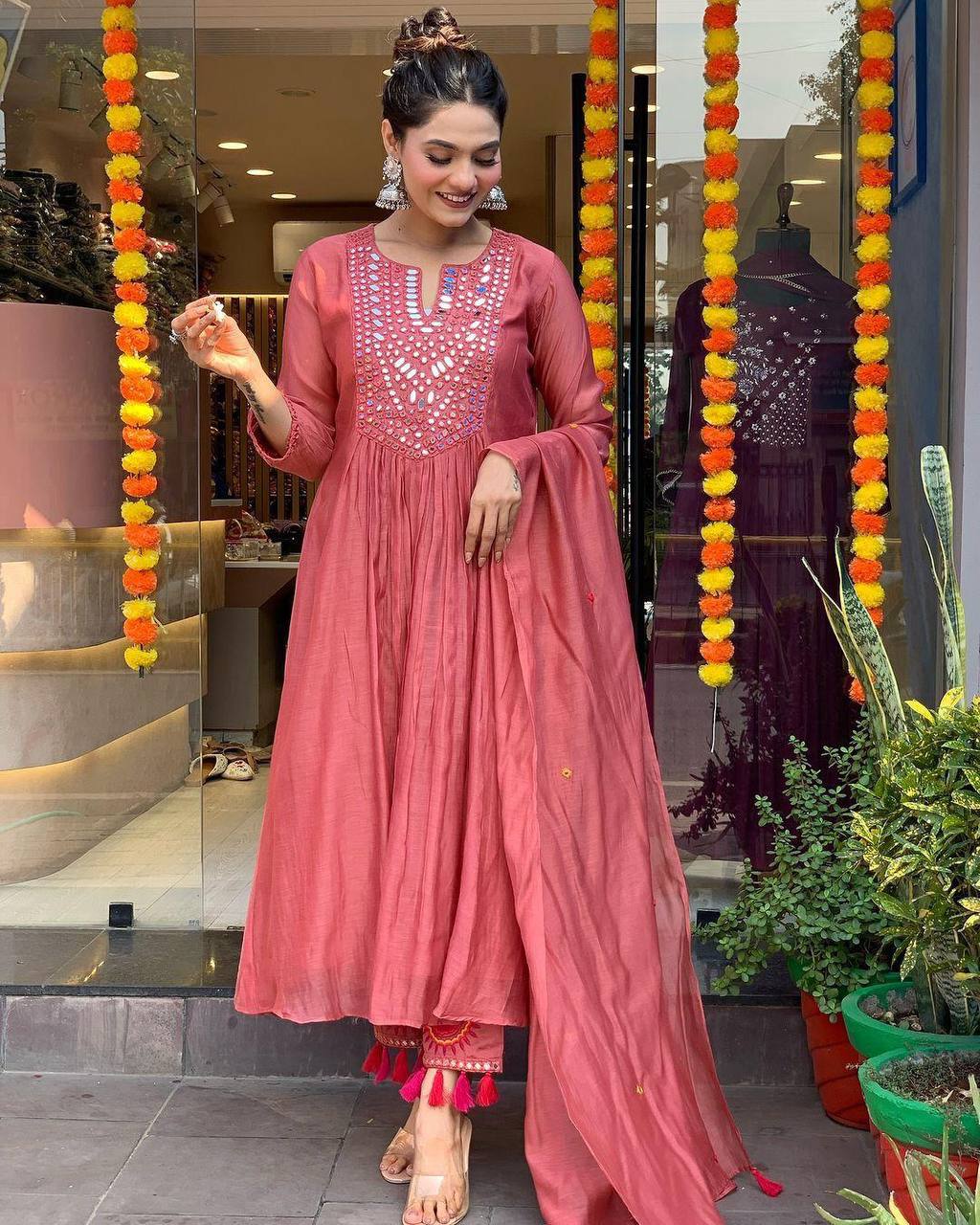 "Rust Mirror-Work Anarkali Set with Tassel Detailing – Festive Elegance"