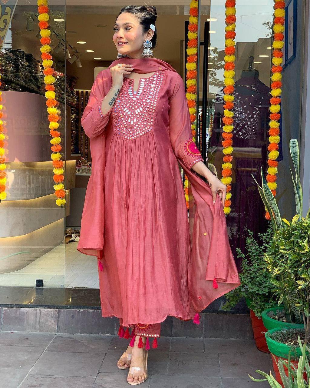 "Rust Mirror-Work Anarkali Set with Tassel Detailing – Festive Elegance"