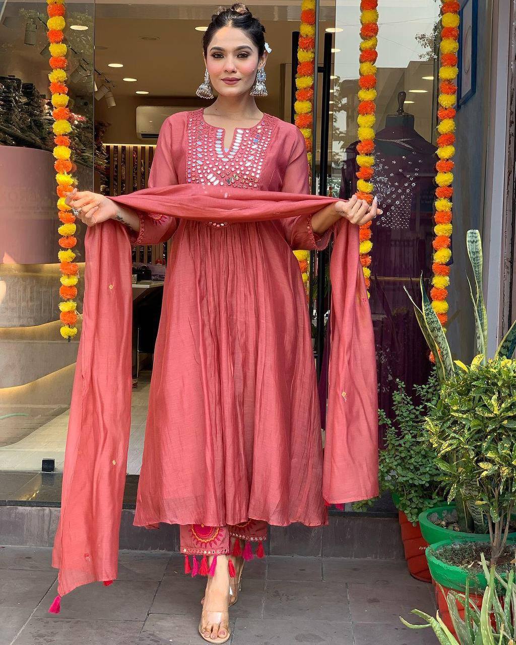 "Rust Mirror-Work Anarkali Set with Tassel Detailing – Festive Elegance"