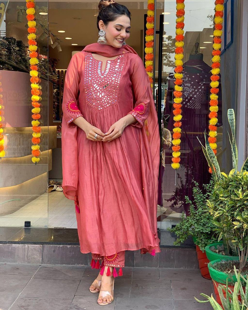 "Rust Mirror-Work Anarkali Set with Tassel Detailing – Festive Elegance"