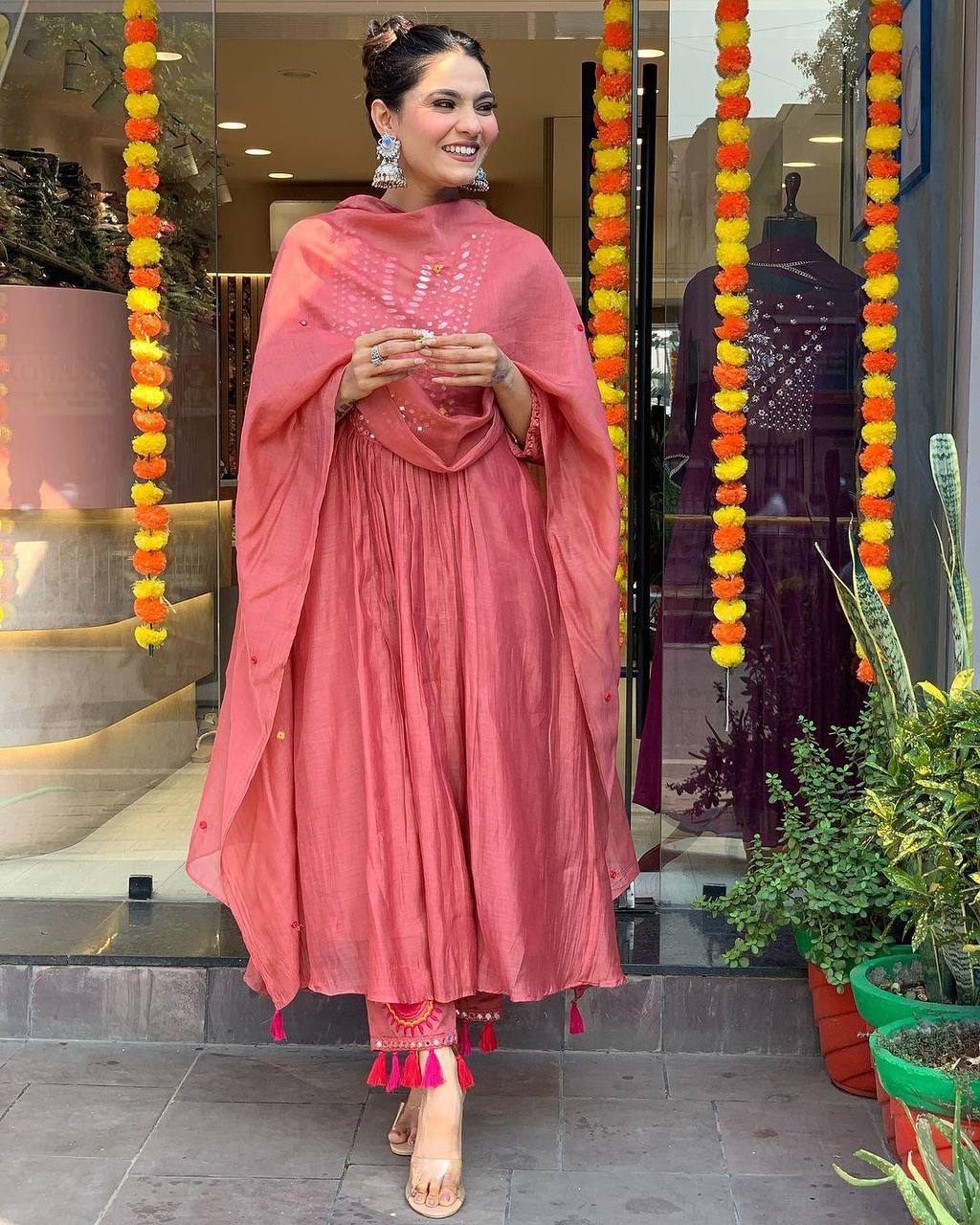 "Rust Mirror-Work Anarkali Set with Tassel Detailing – Festive Elegance"