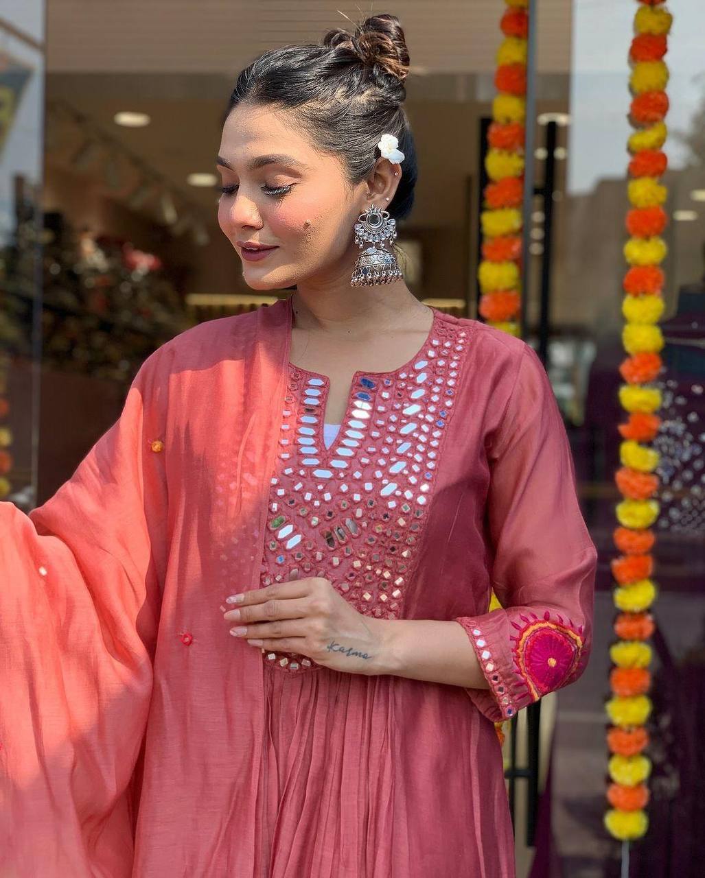 "Rust Mirror-Work Anarkali Set with Tassel Detailing – Festive Elegance"