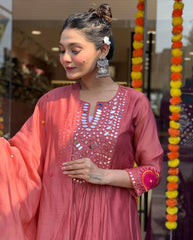 "Rust Mirror-Work Anarkali Set with Tassel Detailing – Festive Elegance"
