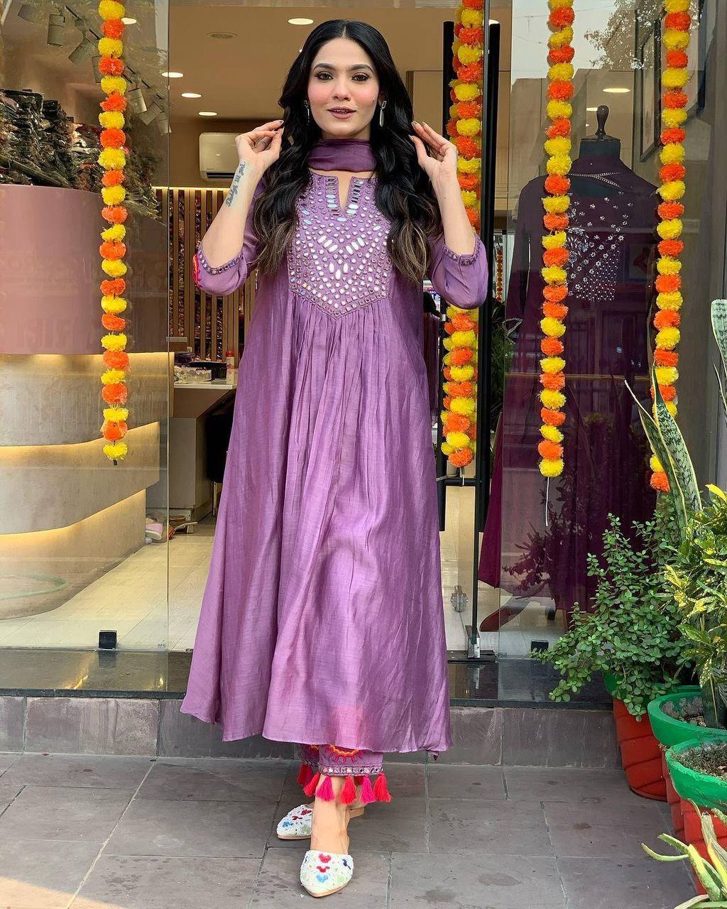 "Rust Mirror-Work Anarkali Set with Tassel Detailing – Festive Elegance"