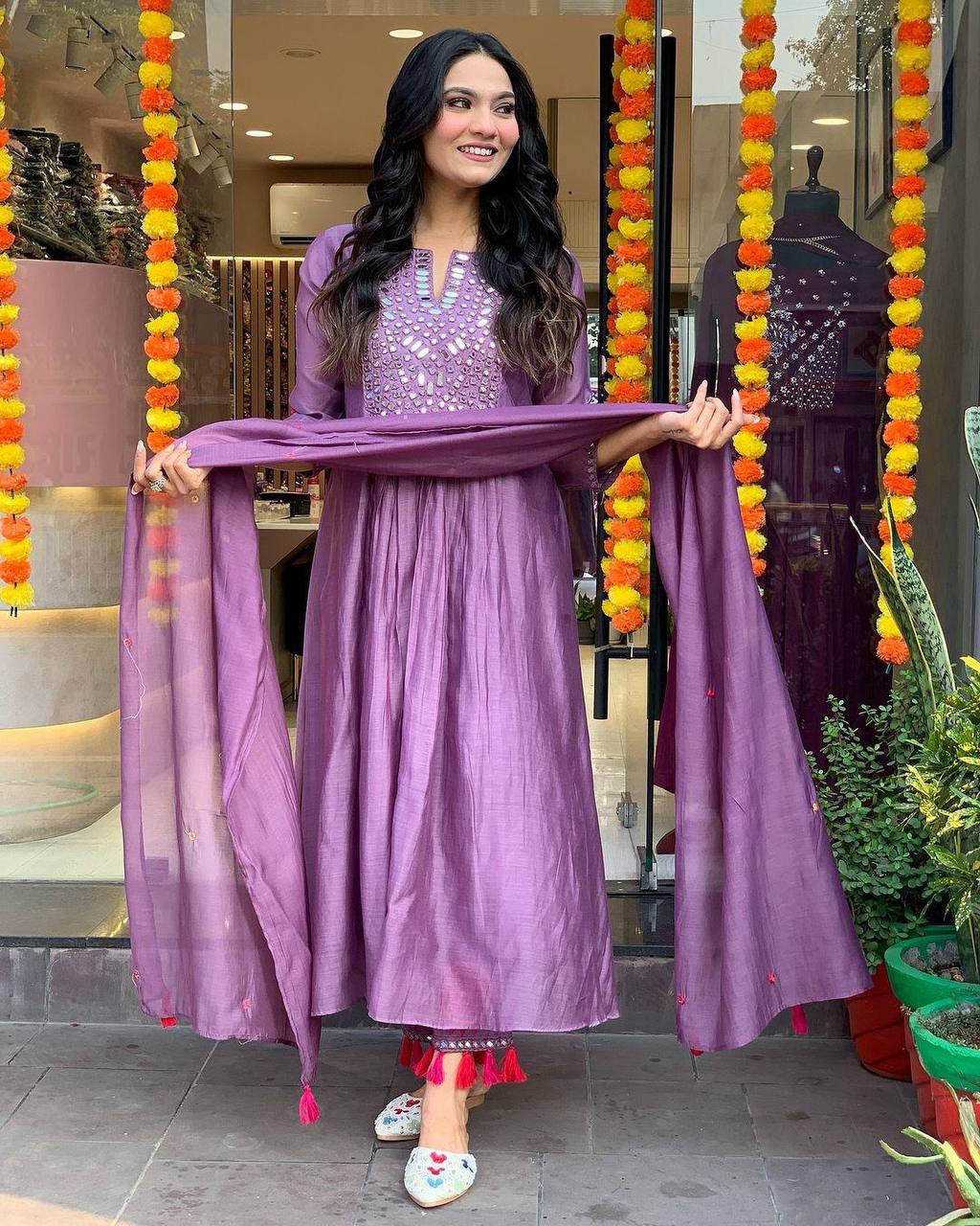 "Rust Mirror-Work Anarkali Set with Tassel Detailing – Festive Elegance"