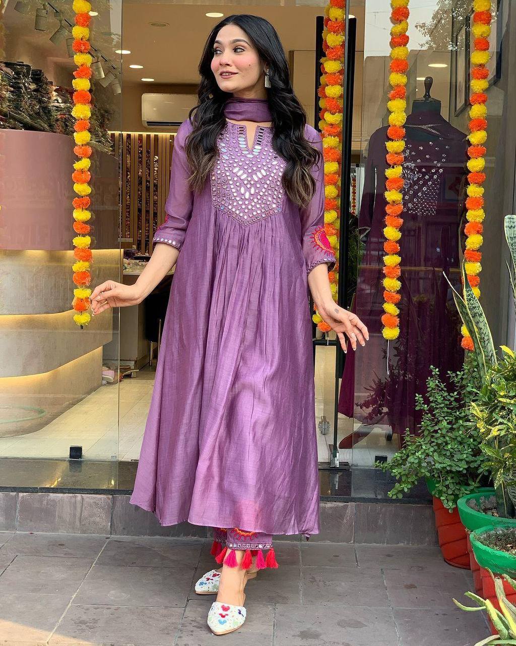 "Rust Mirror-Work Anarkali Set with Tassel Detailing – Festive Elegance"