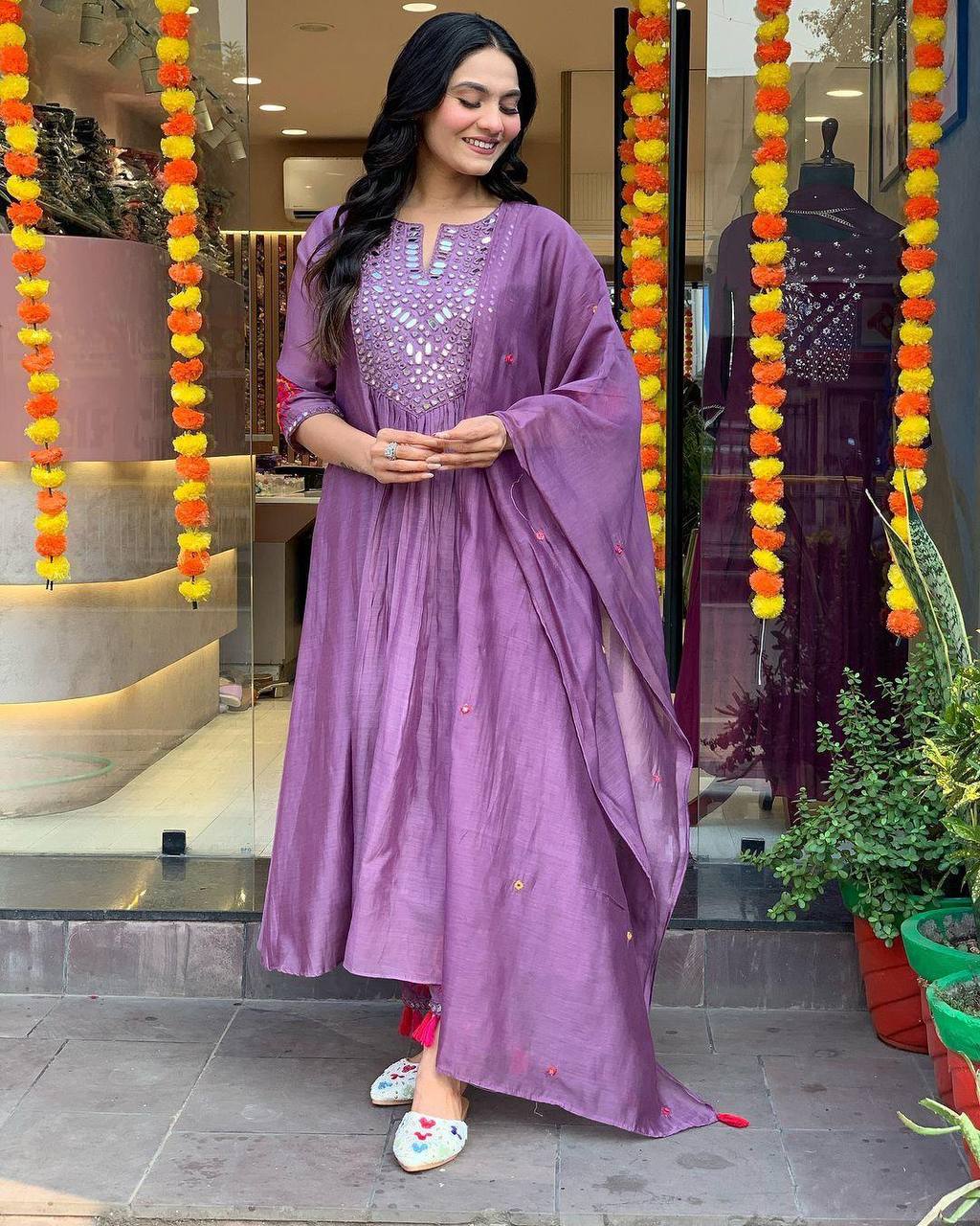 "Rust Mirror-Work Anarkali Set with Tassel Detailing – Festive Elegance"