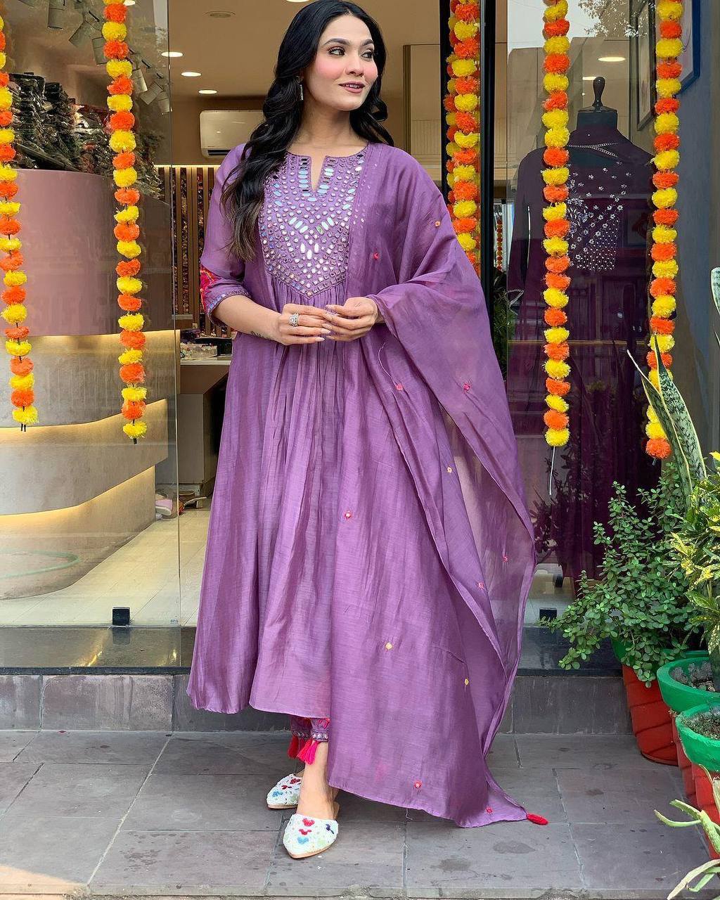 "Rust Mirror-Work Anarkali Set with Tassel Detailing – Festive Elegance"