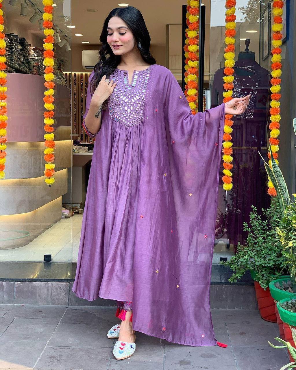 "Rust Mirror-Work Anarkali Set with Tassel Detailing – Festive Elegance"