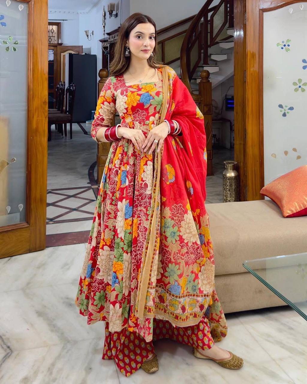 Traditional Red Floral Anarkali Dress Set