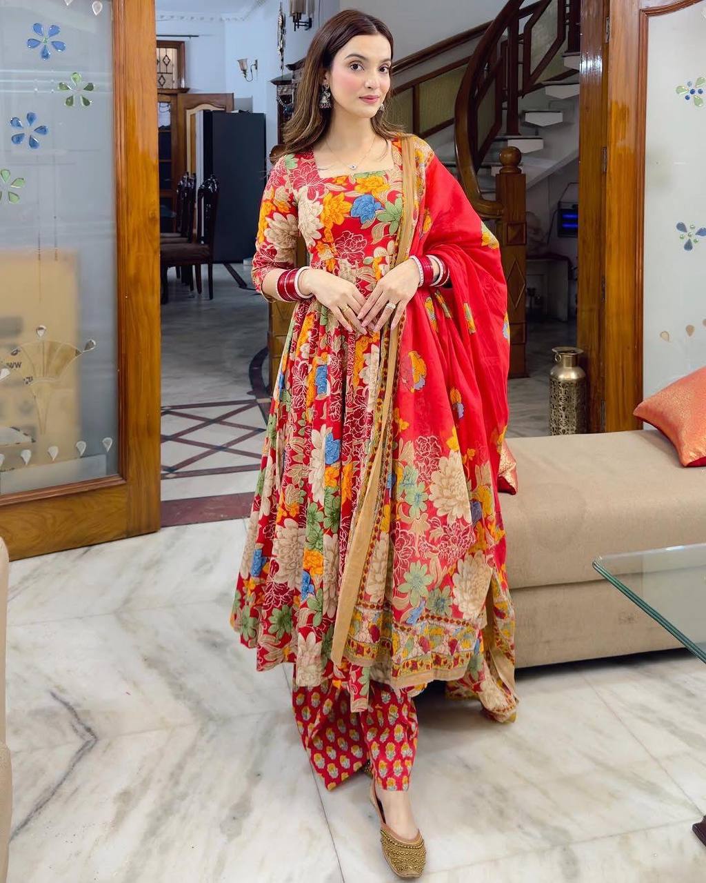 Traditional Red Floral Anarkali Dress Set