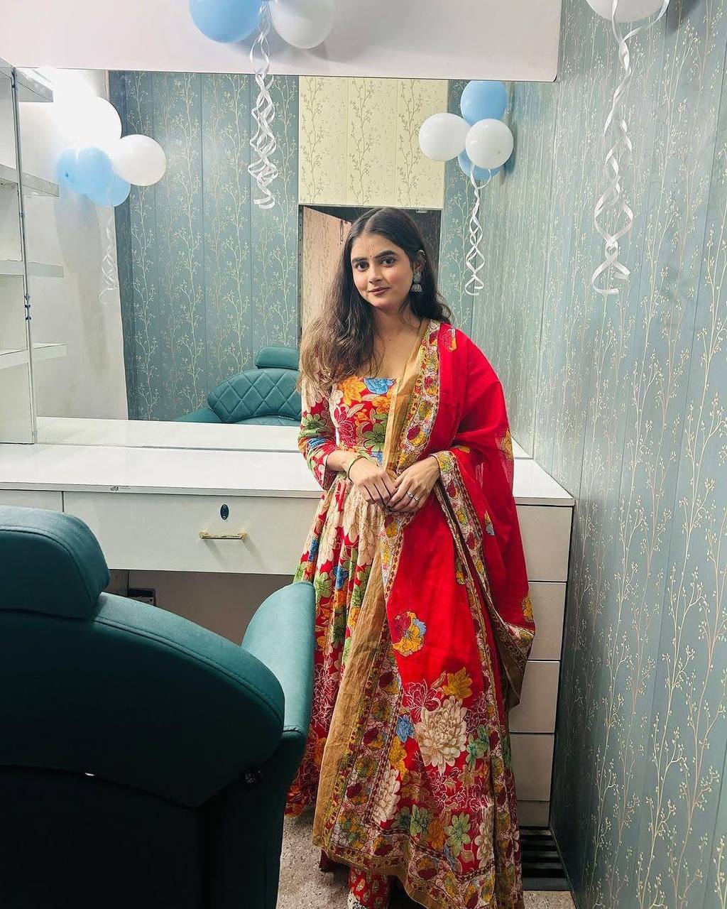 Traditional Red Floral Anarkali Dress Set
