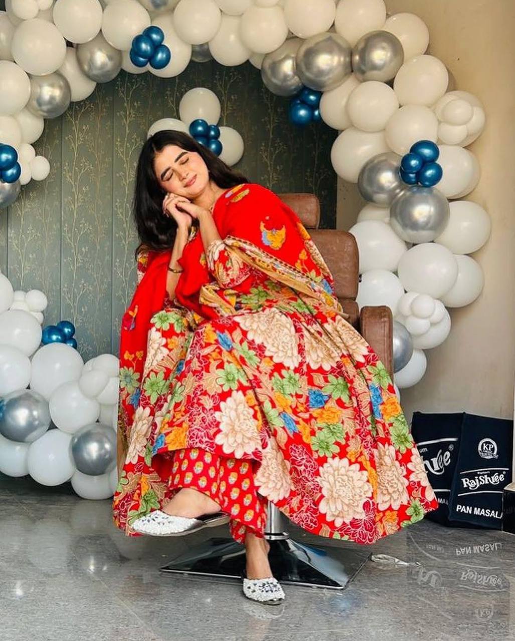 Traditional Red Floral Anarkali Dress Set