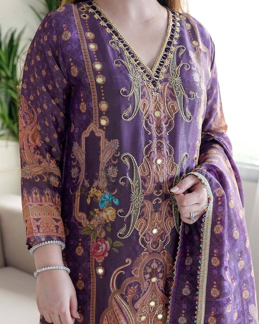 "Royal Purple Embroidered Suit Set with Mirror Work – Luxe Traditional Ensemble"
