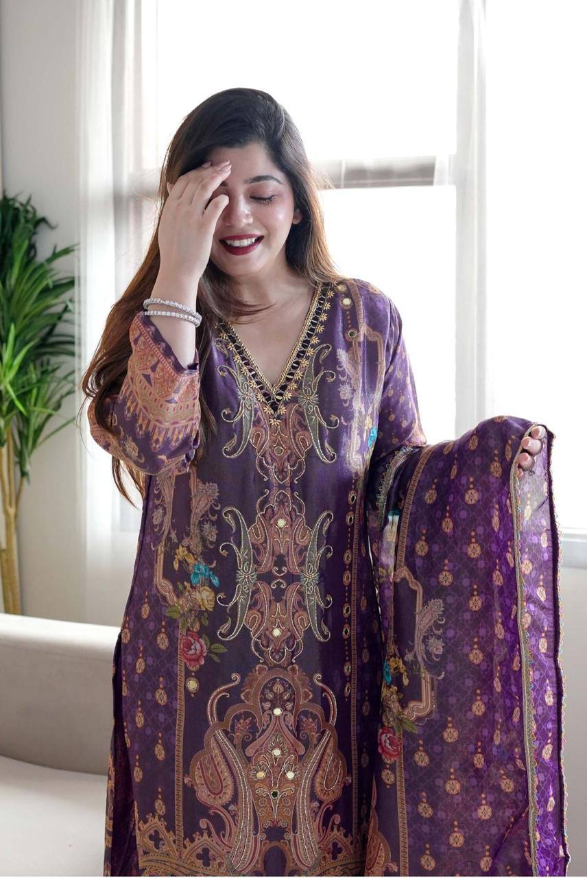 "Royal Purple Embroidered Suit Set with Mirror Work – Luxe Traditional Ensemble"