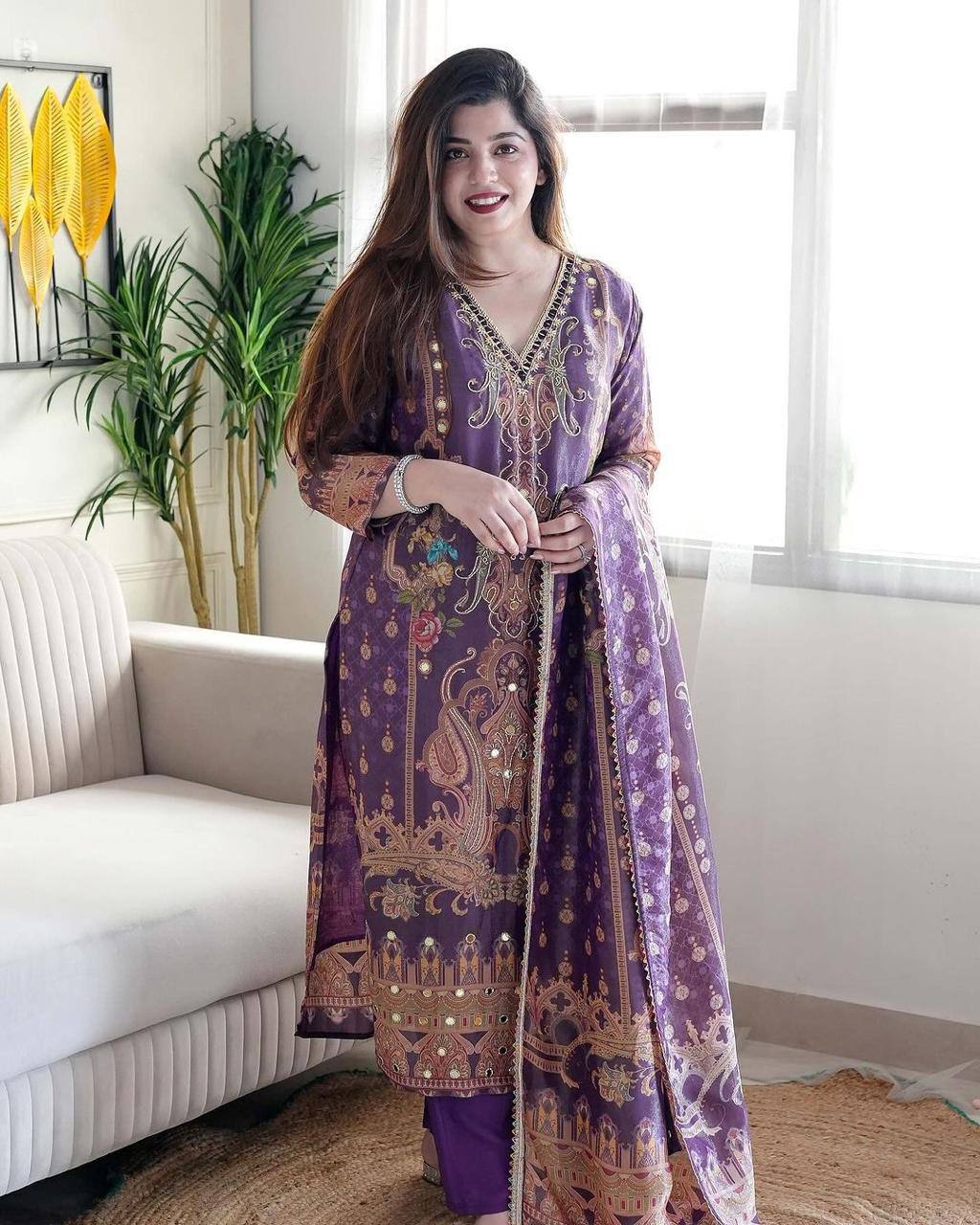 "Royal Purple Embroidered Suit Set with Mirror Work – Luxe Traditional Ensemble"